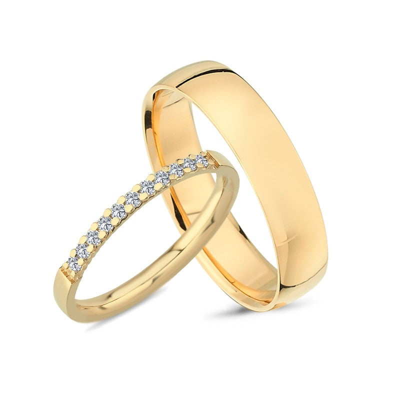 Klassisk Nuran vielsesringe i 8 kt guld med 0,16 ct diamanter – alliancering med diamanter og blank herre-ring.